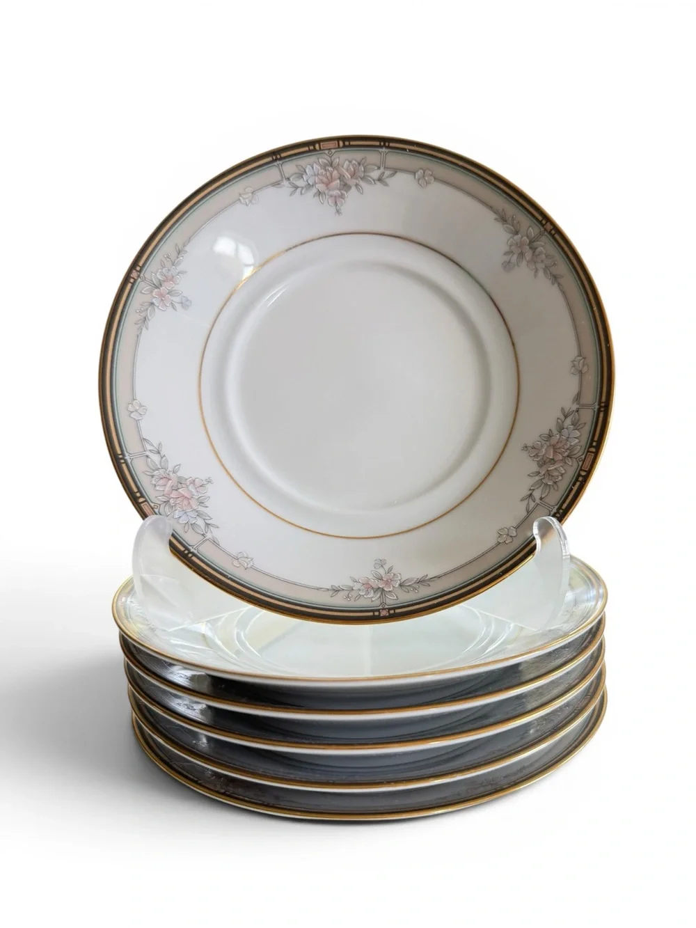 Noritake Blossom Mist Saucers Set of 6 White Floral Gold Trim Sri Lanka 3787